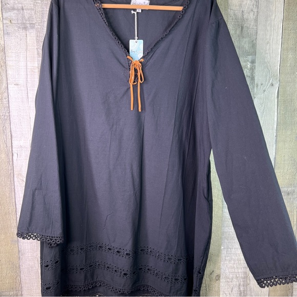Mud Pie (Flawed Tie String) XL Black Coverup With Eyelet Lace Trim Pullover - Picture 3 of 13
